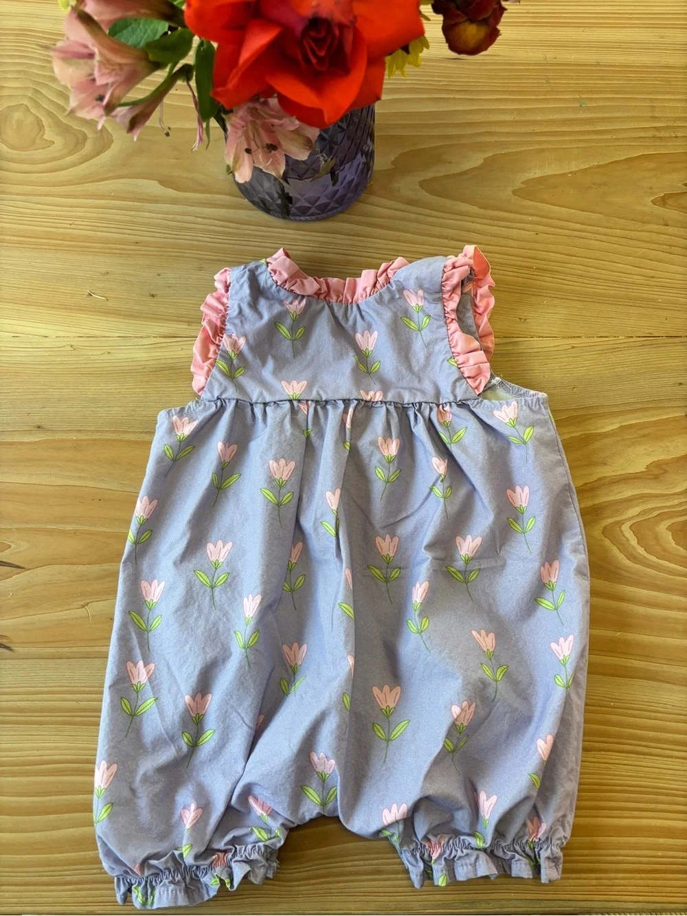 Stitchy Fish Pink & Lavender Floral Ruffled Romper - Brand